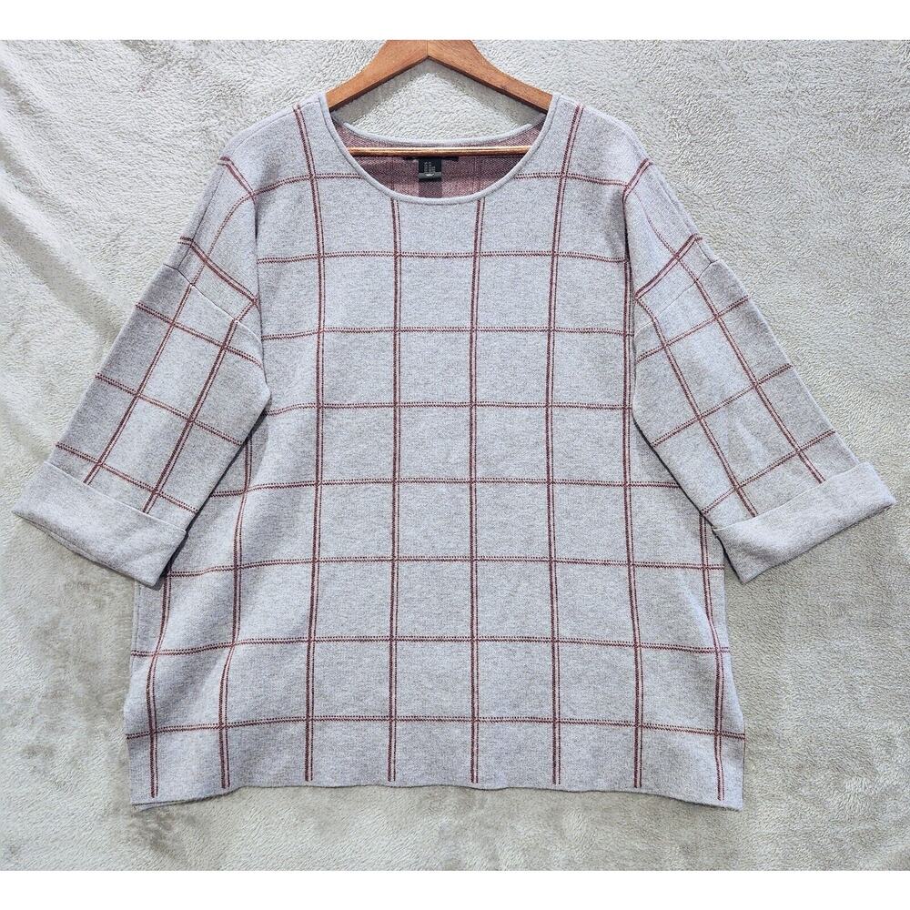 Tahari Womens Gray Burgundy Tile Print Knit Short Cuff Sleeve Sweater Size 2X